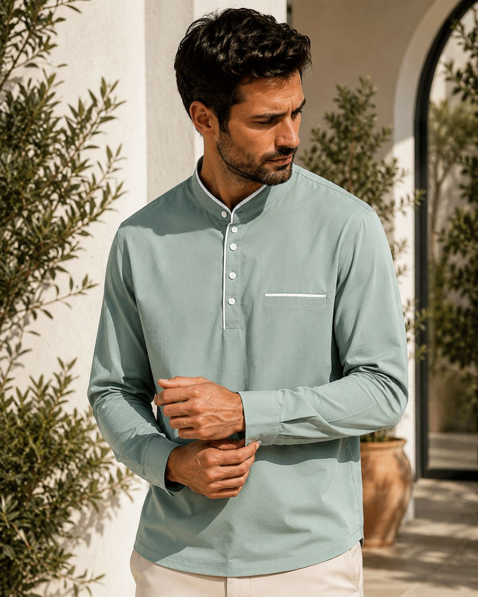 Camiseta Gola Henley Manga Longa Com Bolso Embutido