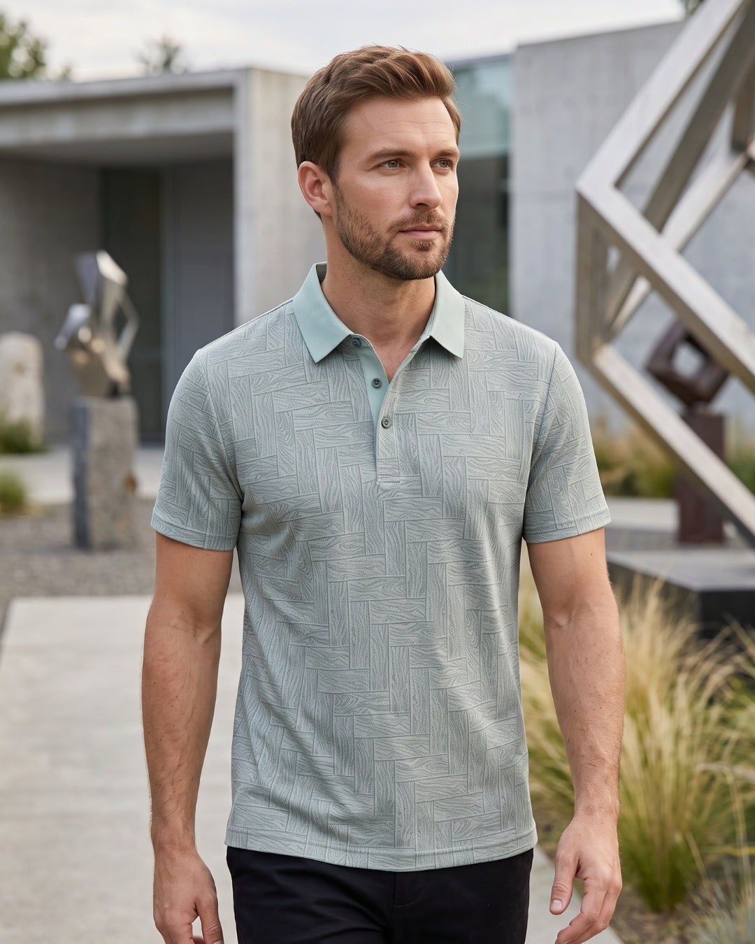 Camisa Polo Manga Curta Estampa Geométrica Minimalista