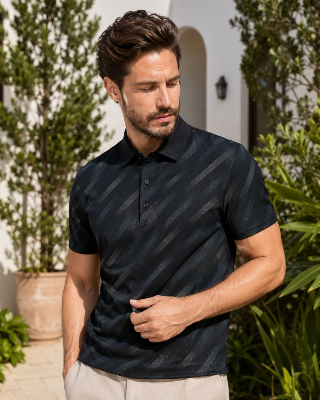Camisa Polo Manga Curta Texturizada Com Botões