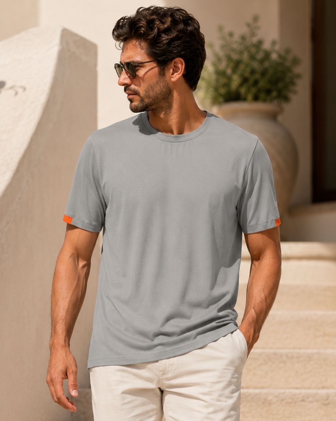Camiseta Gola Careca Manga Curta Punho Contrastante