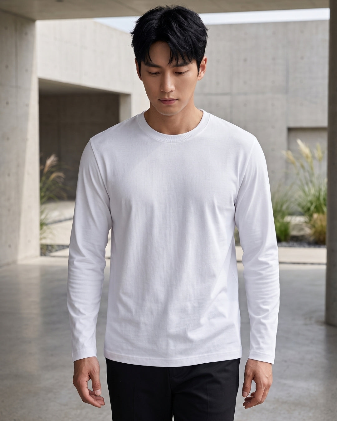 Camiseta Gola Careca Manga Longa Básica Minimalista