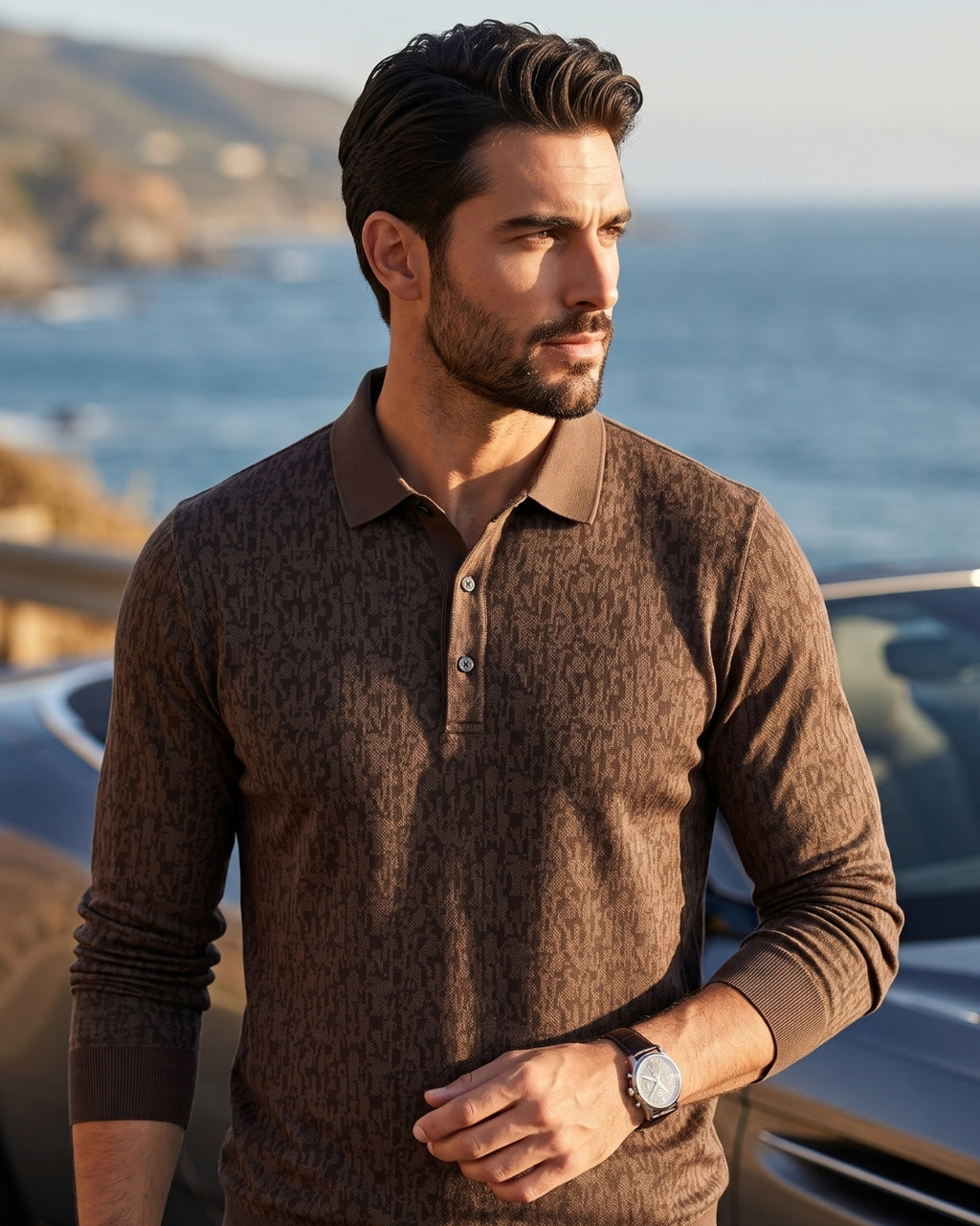Camisa Polo Manga Longa Estampa Jacquard Minimalista