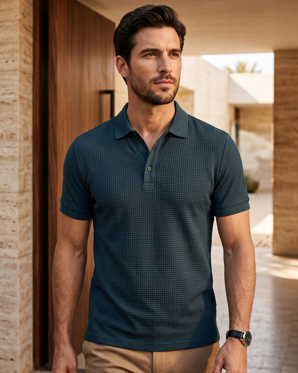 Camisa Polo Manga Curta Trama Texturizada Com Botões