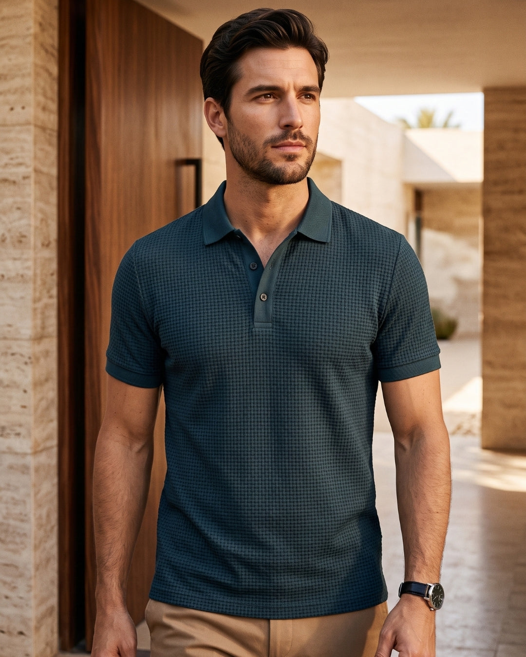 Camisa Polo Manga Curta Trama Texturizada Com Botões