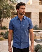 Camisa Manga Curta Textura Linho Com Bolso Frontal