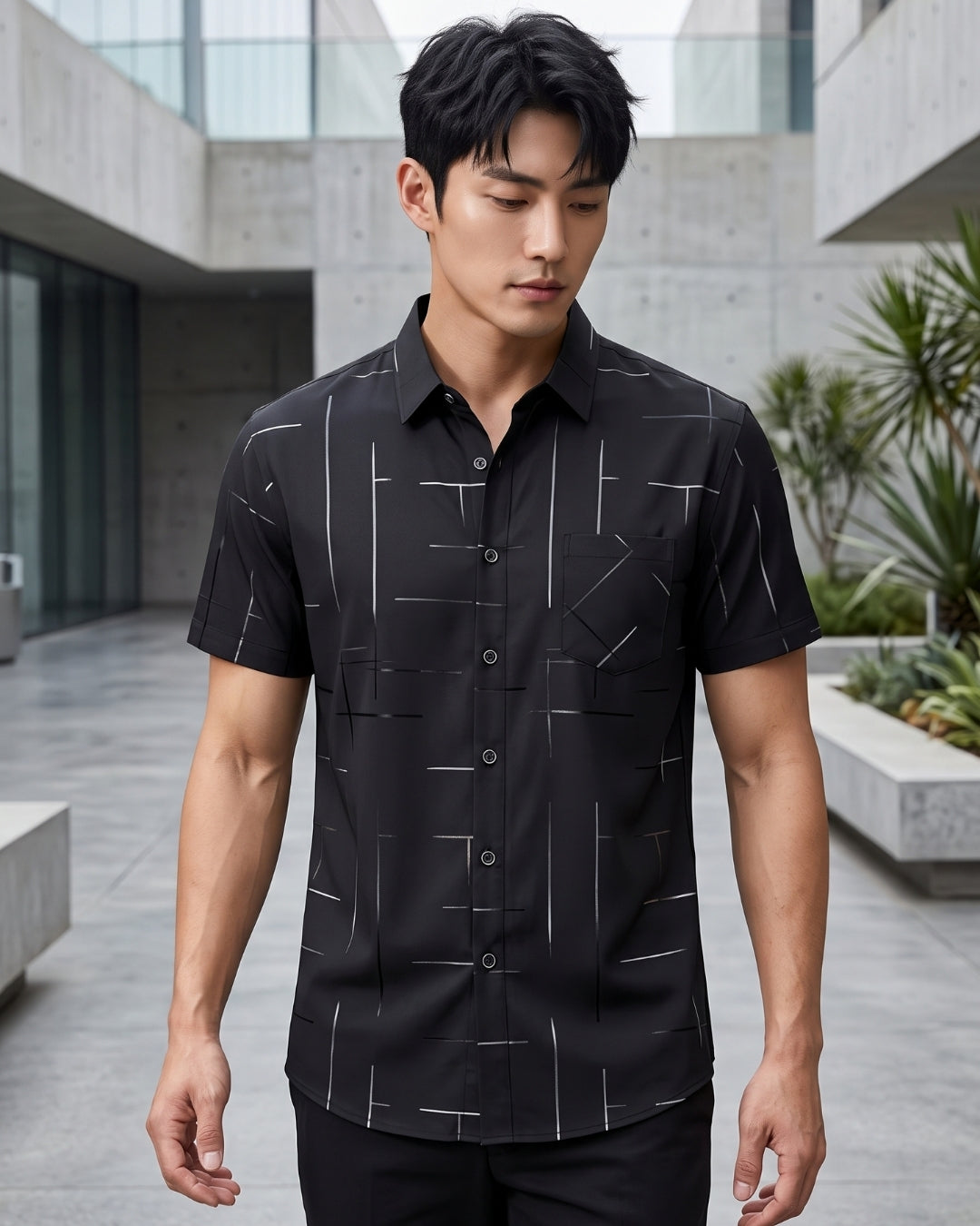 Camisa Manga Curta Estampa Geométrica Com Bolso Frontal