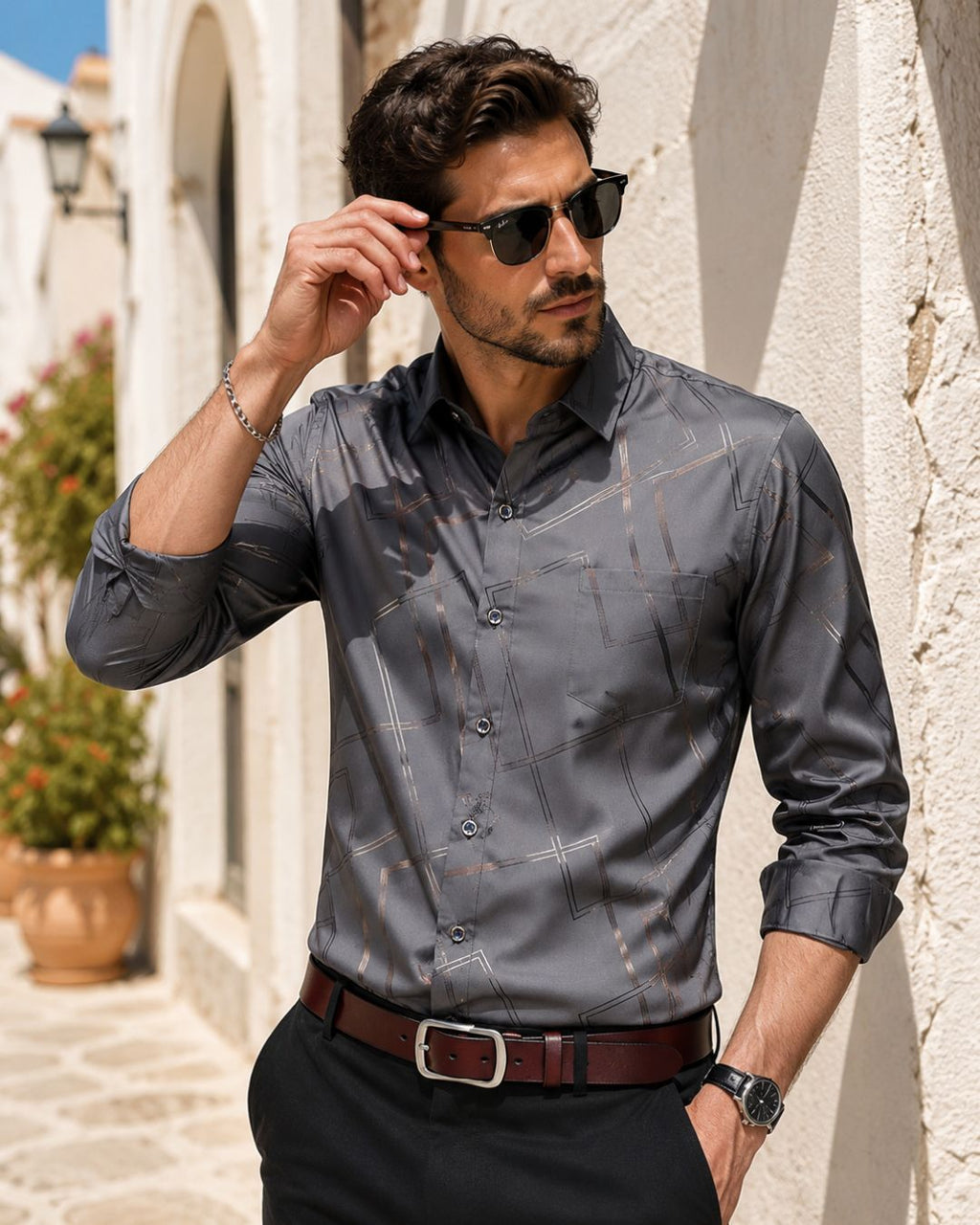 Camisa Manga Longa Estampa Geométrica Com Bolso Frontal