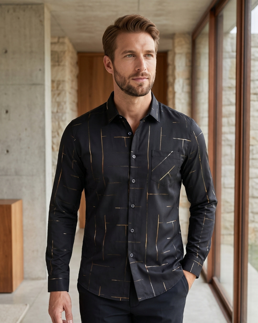 Camisa Manga Longa Estampa Geométrica Com Botões
