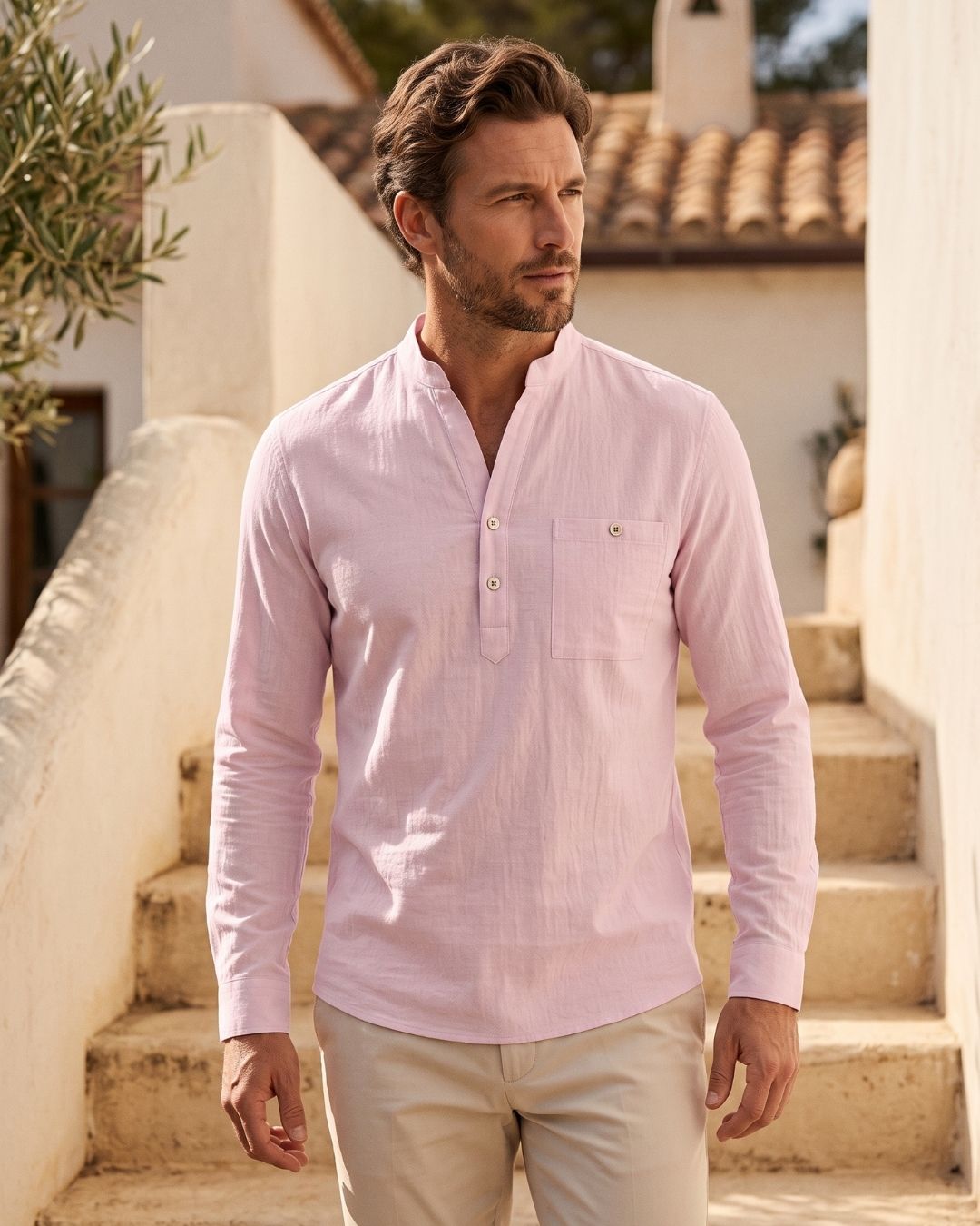Camisa Gola Henley Manga Longa Com Bolso E Botões