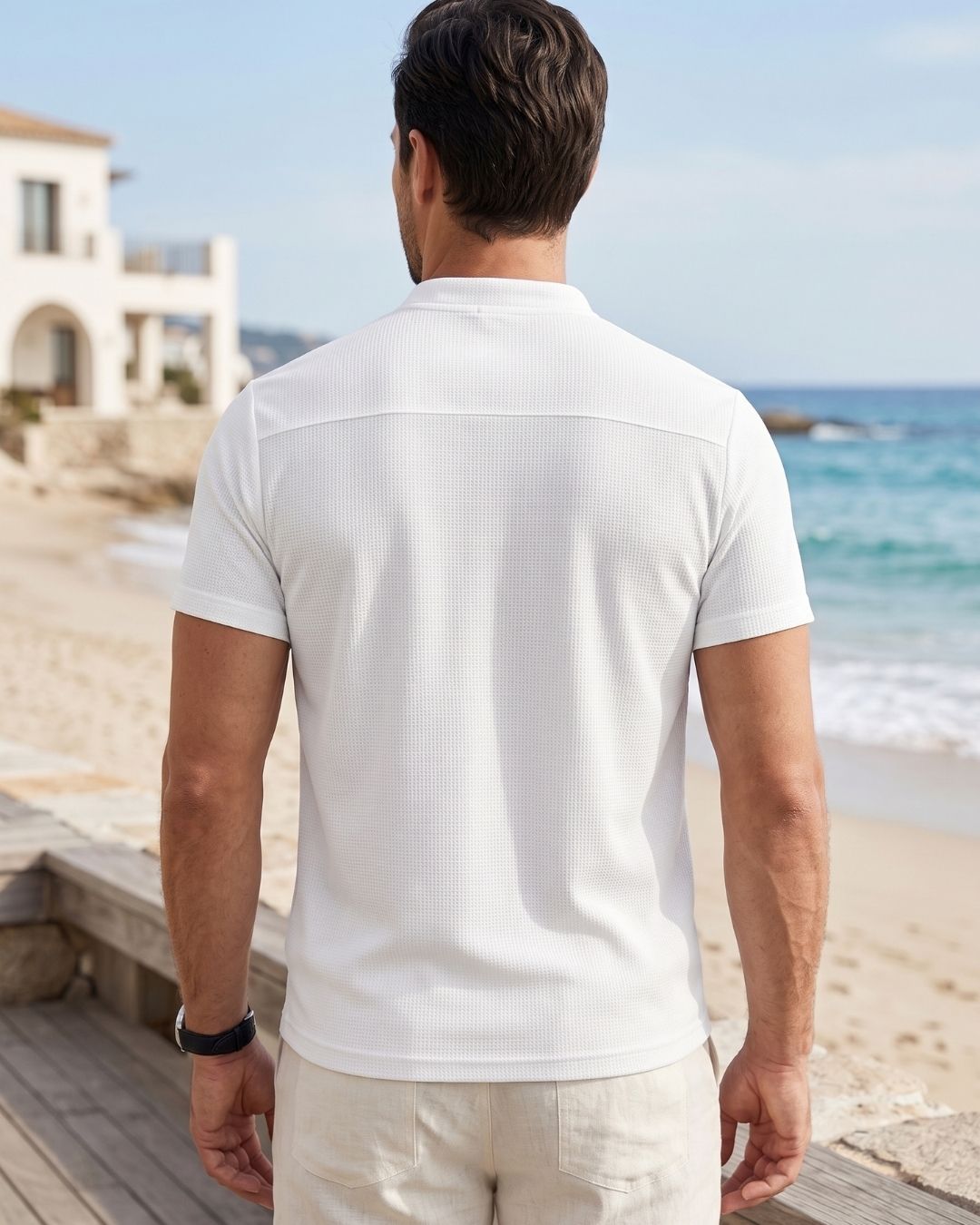 Camiseta Gola Henley Manga Texturizada Com Botões