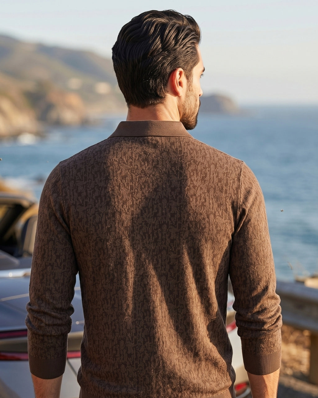 Camisa Polo Manga Longa Estampa Jacquard Minimalista