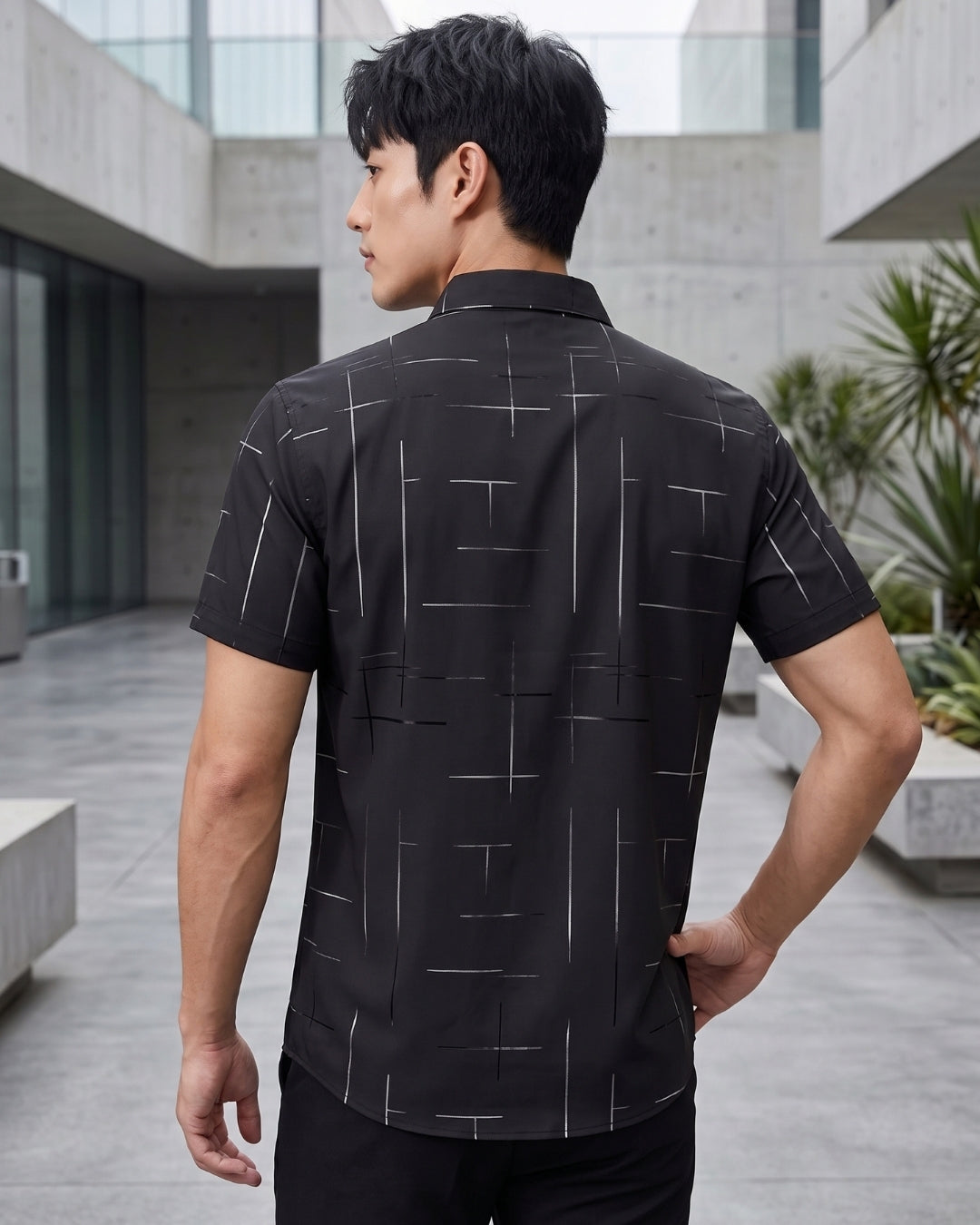 Camisa Manga Curta Estampa Geométrica Com Bolso Frontal