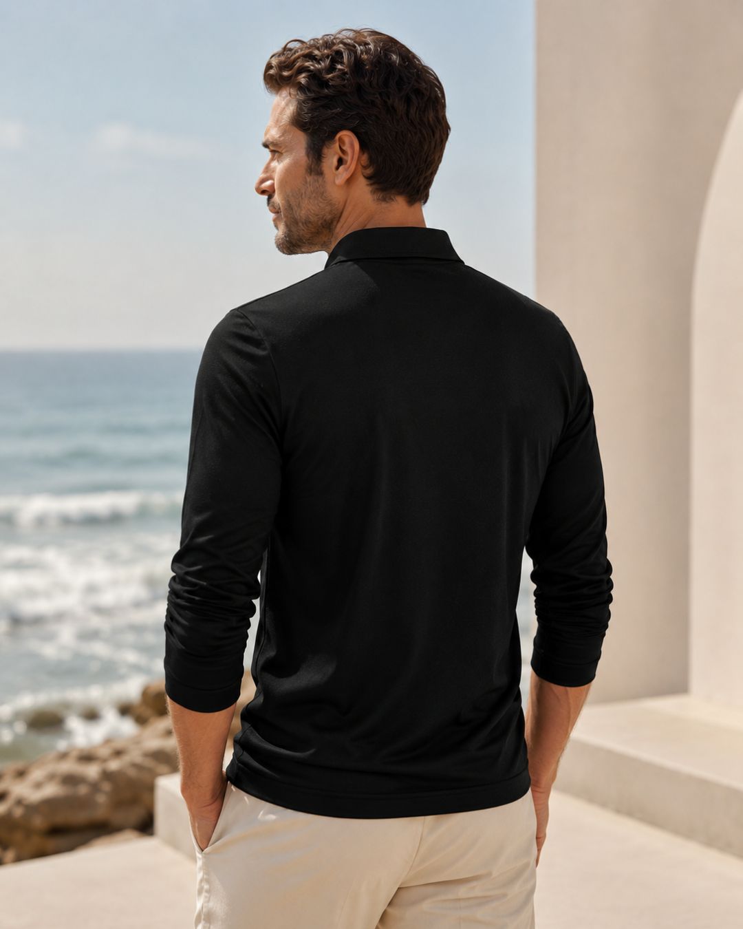 Camiseta Manga Longa Gola Polo Com Zíper Frontal