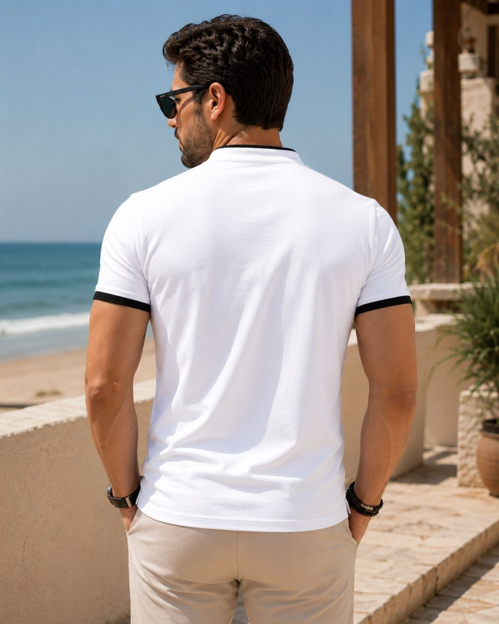 Camiseta Gola Henley Manga Curta Com Botões